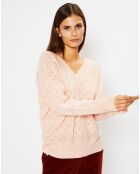 Pull en Laine & Cachemire Frani col V en maille ajourée rose clair