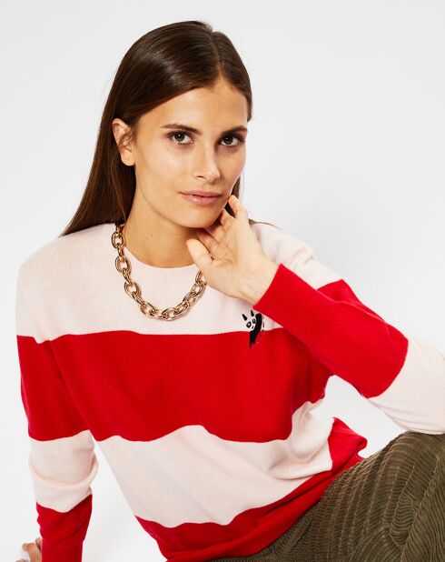 Pull en Laine & Cachemire Norma rayé col rond rose/rouge