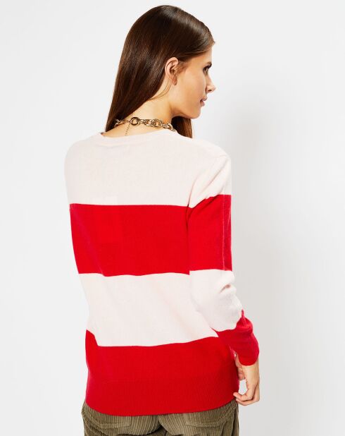 Pull en Laine & Cachemire Norma rayé col rond rose/rouge