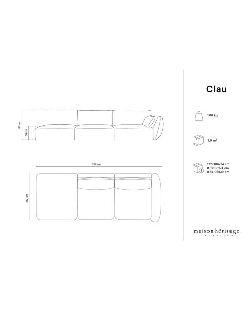 Canapé Gauche Velours Clau 4 Places beige - 286x100x85 cm