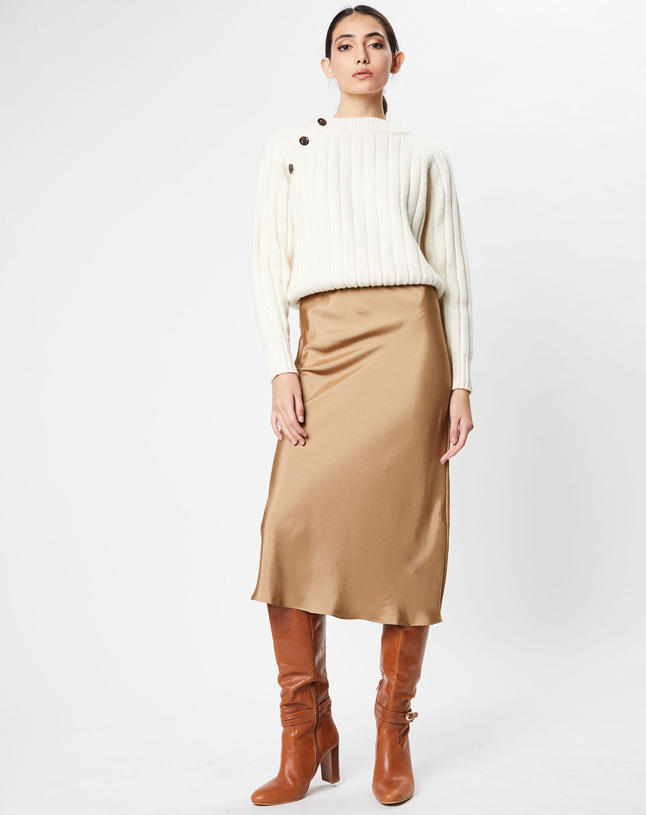 Brown block-heel boots with satin midi skirt