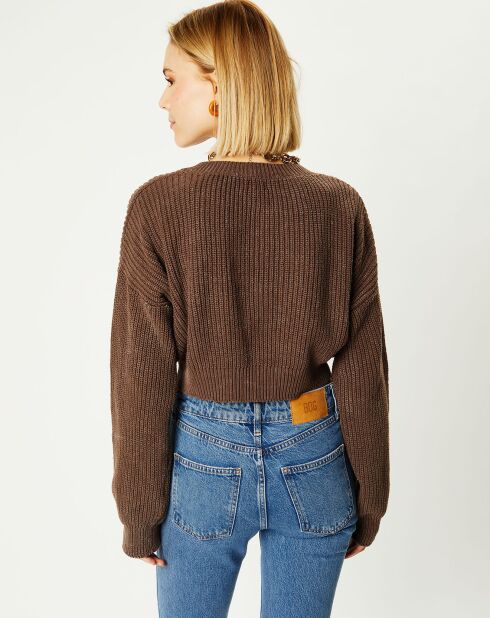 Cardigan cropped Washed Rib marron