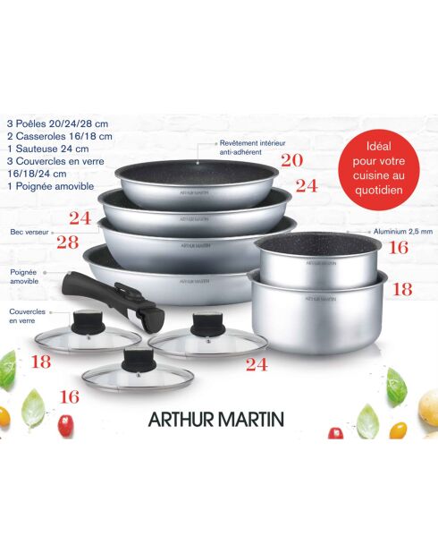 Batterie de cuisine induction Amovible grise - 10 pièces