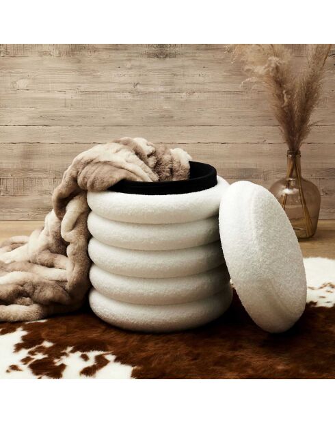 Pouf de rangement bouclette Freya blanc - 37x43.5x37 cm
