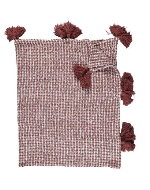 Plaid gauffré pompons rouge/blanc - 150x125 cm