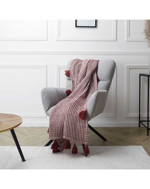 Plaid gauffré pompons rouge/blanc - 150x125 cm