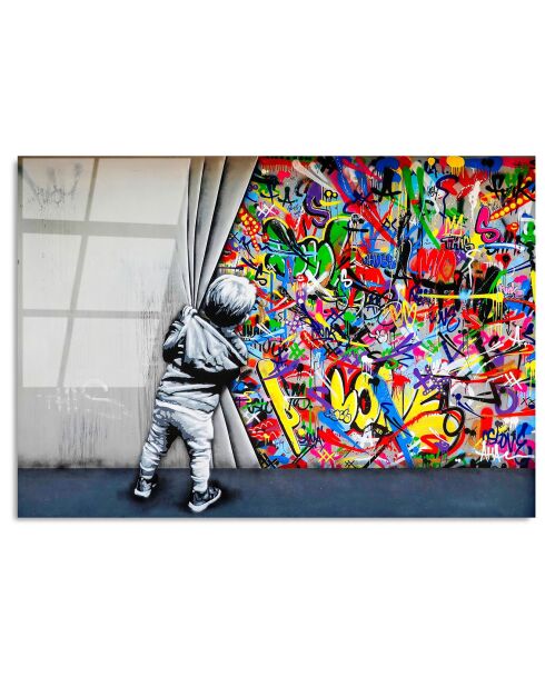 Impression sur verre Inspiration Banksy multicolore - 70x100 cm