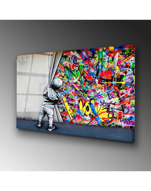 Impression sur verre Inspiration Banksy multicolore - 70x100 cm