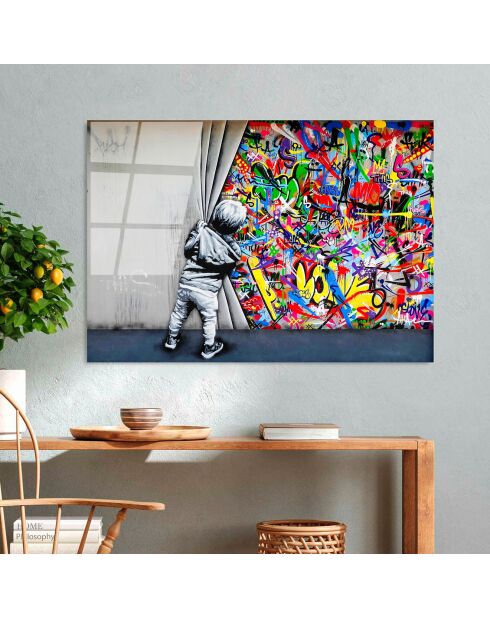 Impression sur verre Inspiration Banksy multicolore - 70x100 cm