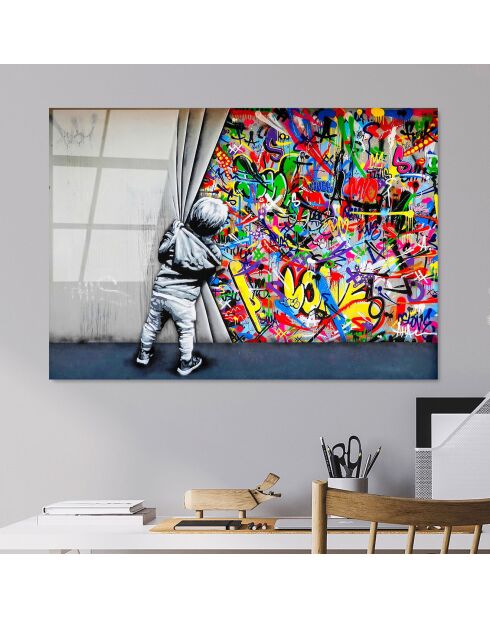 Impression sur verre Inspiration Banksy multicolore - 70x100 cm