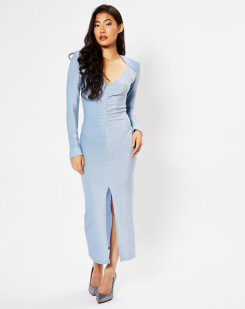 Robe mi-longue et ajustée Lorena fini pailleté bleu clair
