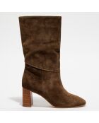 Boots en Velours de Cuir Albi kaki foncé - Talon 7 cm