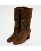 Boots en Velours de Cuir Albi kaki foncé - Talon 7 cm