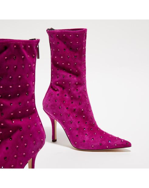 Boots en Velours de Cuir & Strass Ankle roses - Talon 9.5 cm