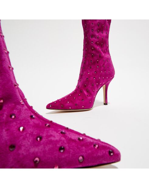 Bottines en Velours de Cuir & Strass Ankle roses - Talon 9.5 cm