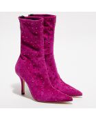 Boots en Velours de Cuir & Strass Ankle roses - Talon 9.5 cm