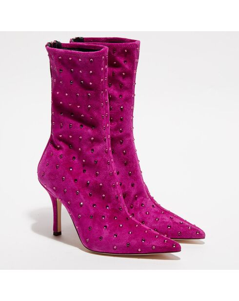 Boots en Velours de Cuir & Strass Ankle roses - Talon 9.5 cm