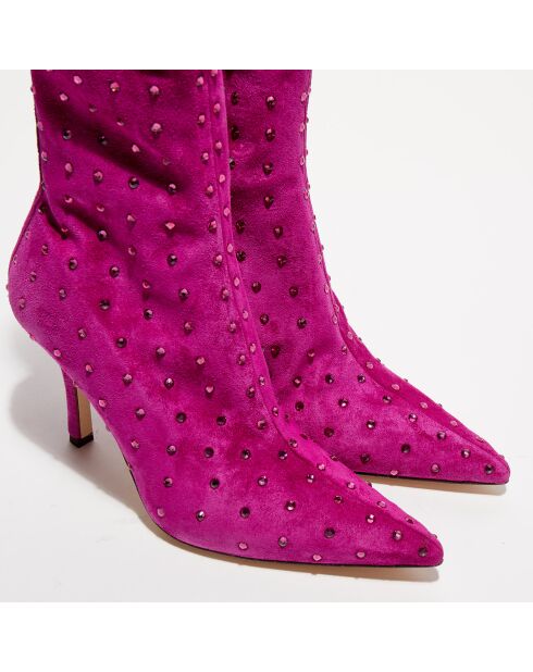 Boots en Velours de Cuir & Strass Ankle roses - Talon 9.5 cm