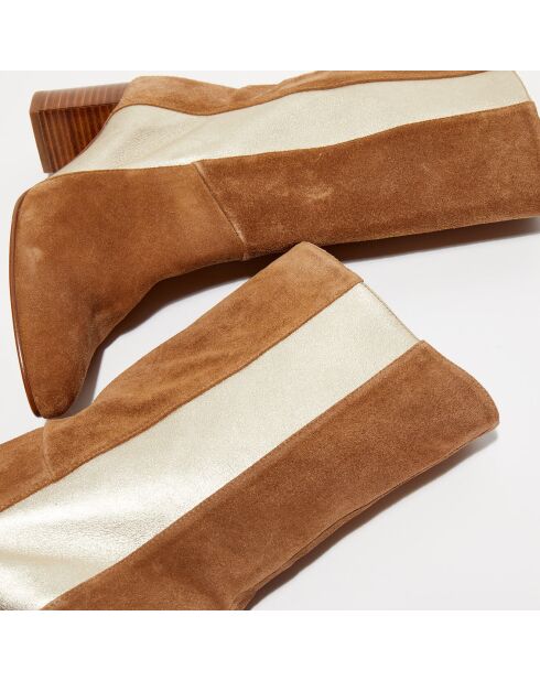Bottines en Velours de Cuir Bande camel/doré - Talon 6 cm