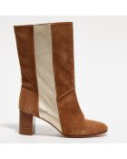 Bottines en Velours de Cuir Bande camel/doré - Talon 6 cm