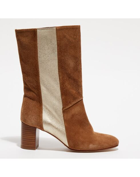 Bottines en Velours de Cuir Bande camel/doré - Talon 6 cm