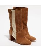 Bottines en Velours de Cuir Bande camel/doré - Talon 6 cm