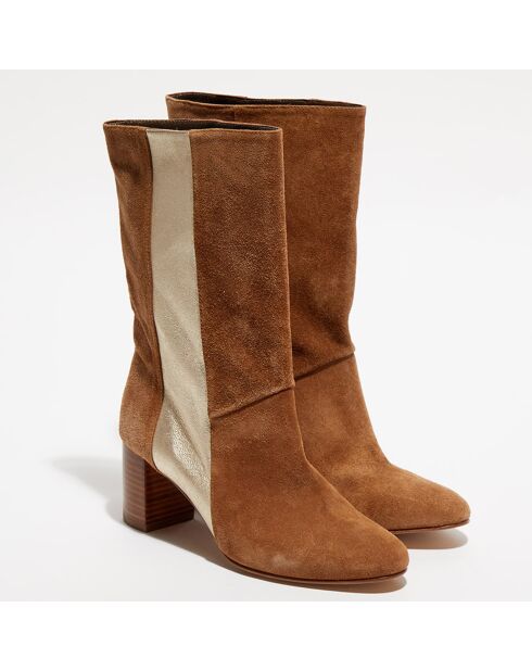 Bottines en Velours de Cuir Bande camel/doré - Talon 6 cm