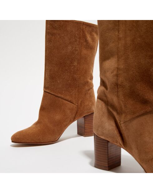 Bottines en Velours de Cuir Bande camel/doré - Talon 6 cm