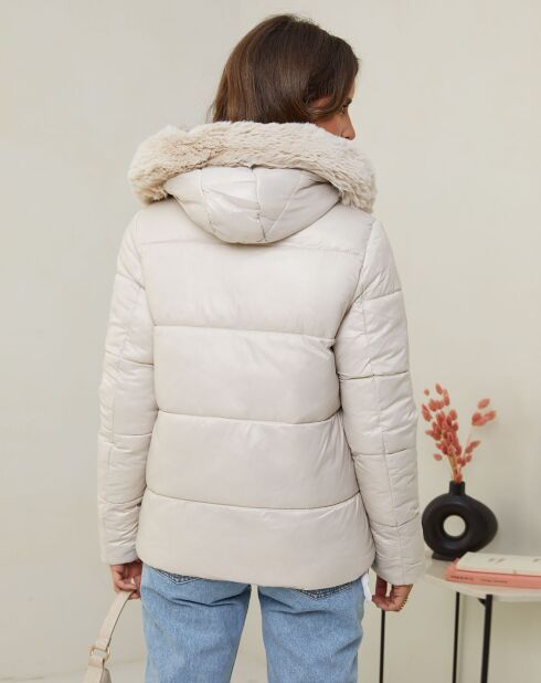 Piumino Benedicte con cappuccio in pelliccia sintetica beige
