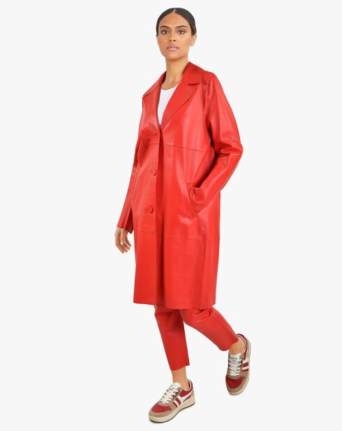 Veste longue en Cuir Carlotta rouge foncé