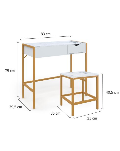 Coiffeuse glam avec tabouret marbre/doré - 83x39.5x75/113 cm