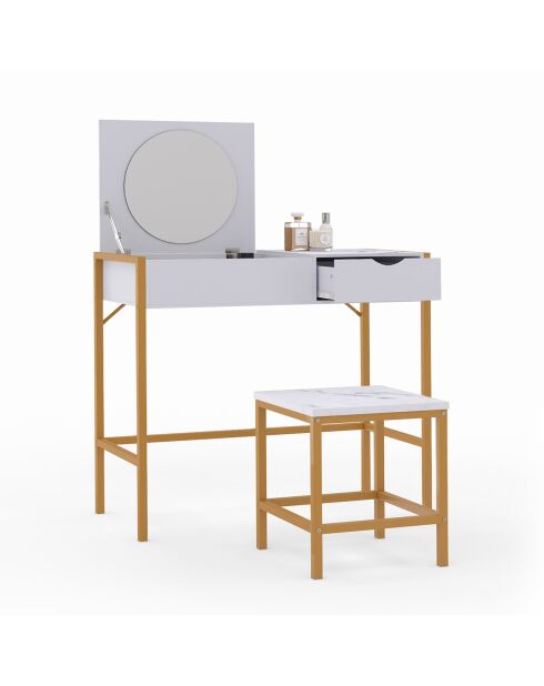 Coiffeuse glam avec tabouret marbre/doré - 83x39.5x75/113 cm