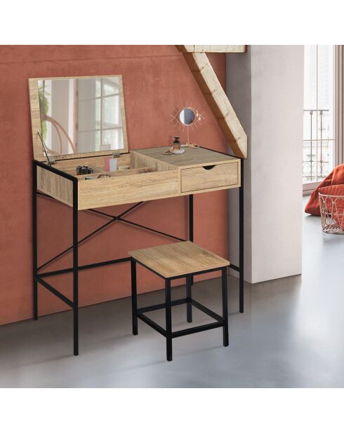 Coiffeuse industrielle alana avec tabouret bois/noir - 83x39.5x75.5 cm