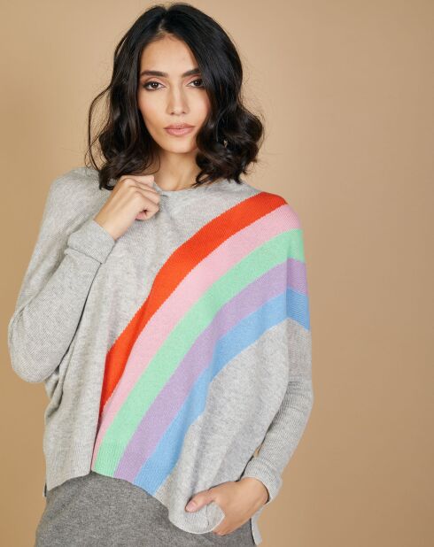 Pull poncho 100% Cachemire Intarsia Soleil col V gris chiné clair