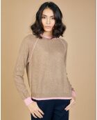 Pull 100% Cachemire Bertha col rond manches raglan bicolore chataigne/bubble gum