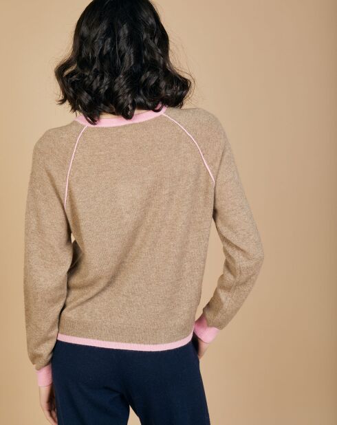 Pull 100% Cachemire Bertha col rond manches raglan bicolore chataigne/bubble gum