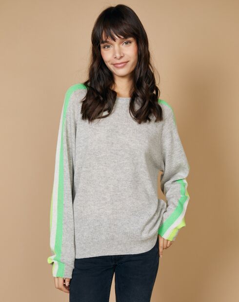 Pull 100% Cachemire Yakari col rond manches raglan bandes rainbow gris chiné/fluo