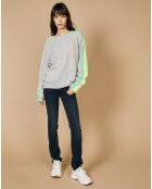 Pull 100% Cachemire Yakari col rond manches raglan bandes rainbow gris chiné/fluo