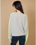 Pull 100% Cachemire Yakari col rond manches raglan bandes rainbow gris chiné/fluo