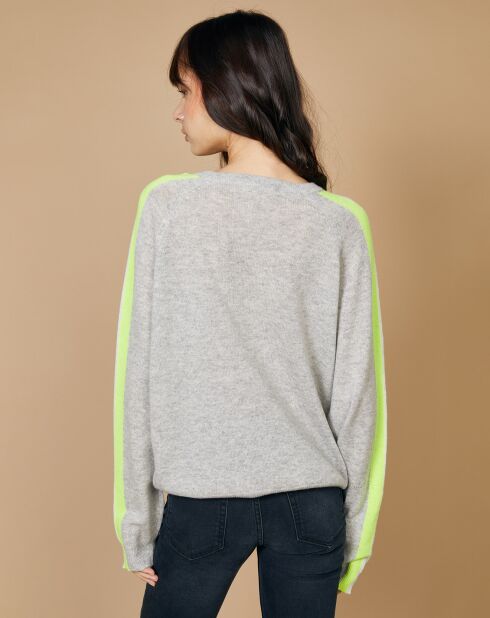 Pull 100% Cachemire Yakari col rond manches raglan bandes rainbow gris chiné/fluo