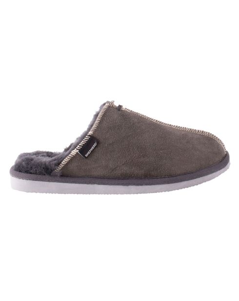 Chaussons mules en Velours de Cuir Karla intérieur fourré gris