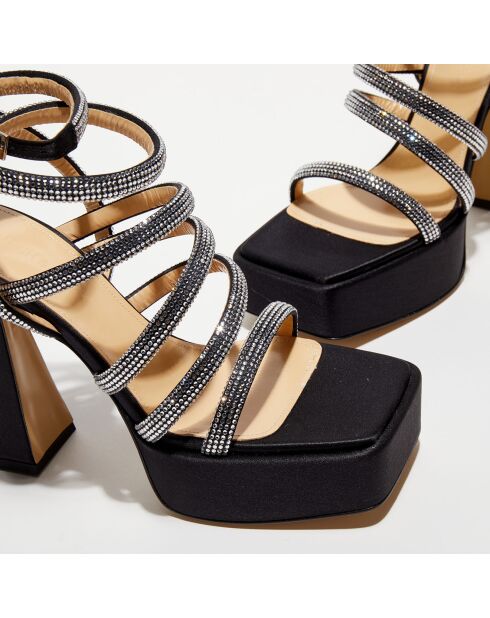 Sandales plateforme en Satin & Strass noires - Talon 13 cm