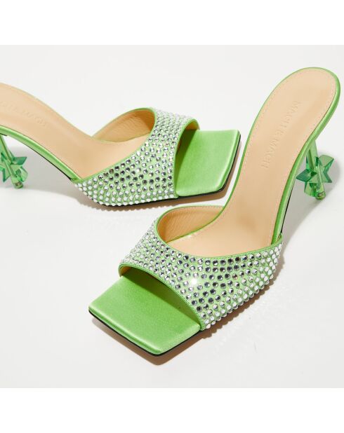 Mules en Satin & Strass vertes - Talon 9 cm