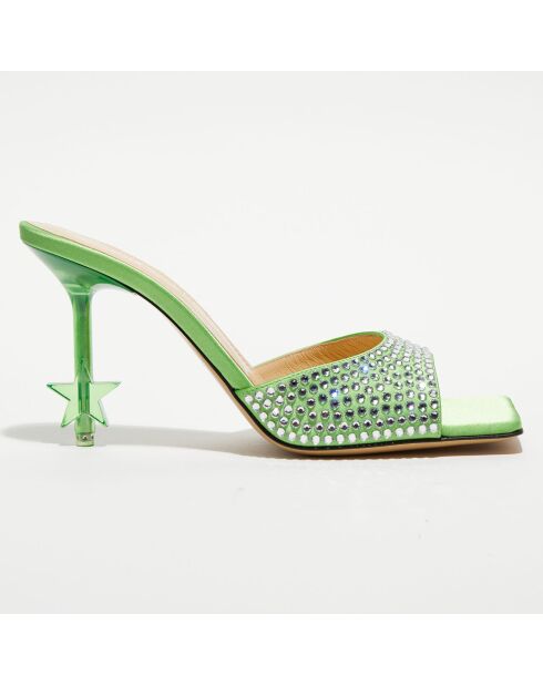 Mules en Satin & Strass vertes - Talon 9 cm
