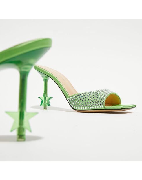 Mules en Satin & Strass vertes - Talon 9 cm