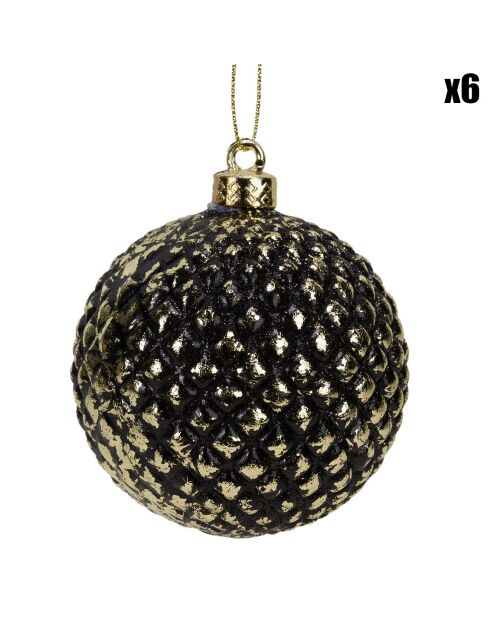 6 Boules de Noel gauffrée noires - D.8 cm