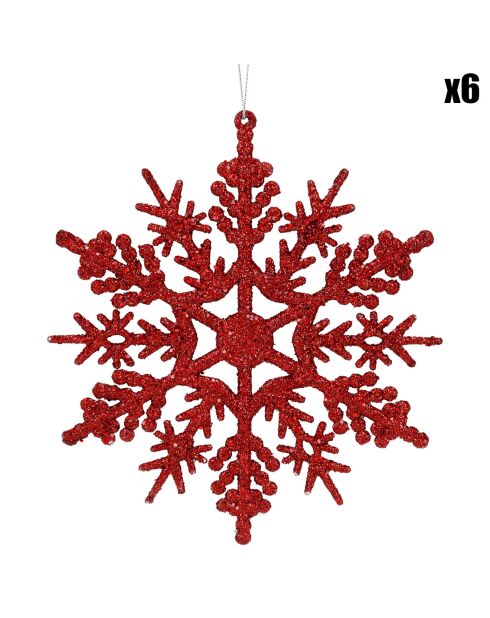 6 Ornements Flocons De Neige Glitter rouges - 18x0.1x18 cm