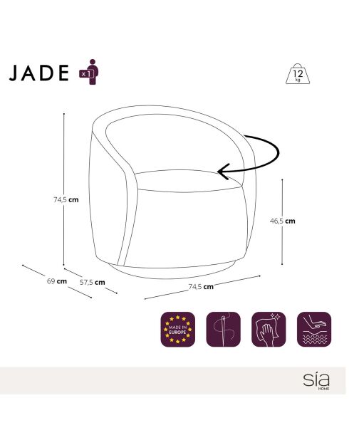 Fauteuil pivotant Jade en velours taupe - 74.5x69x74.5cm