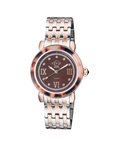 Montre Marsala Tortoise Femme Quartz en Acier & Diamants 0.063 ct argenté/rose doré