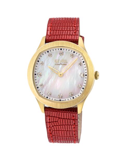 Morcote kwartshorloge voor dames in leer en diamanten 0.108 ct rood